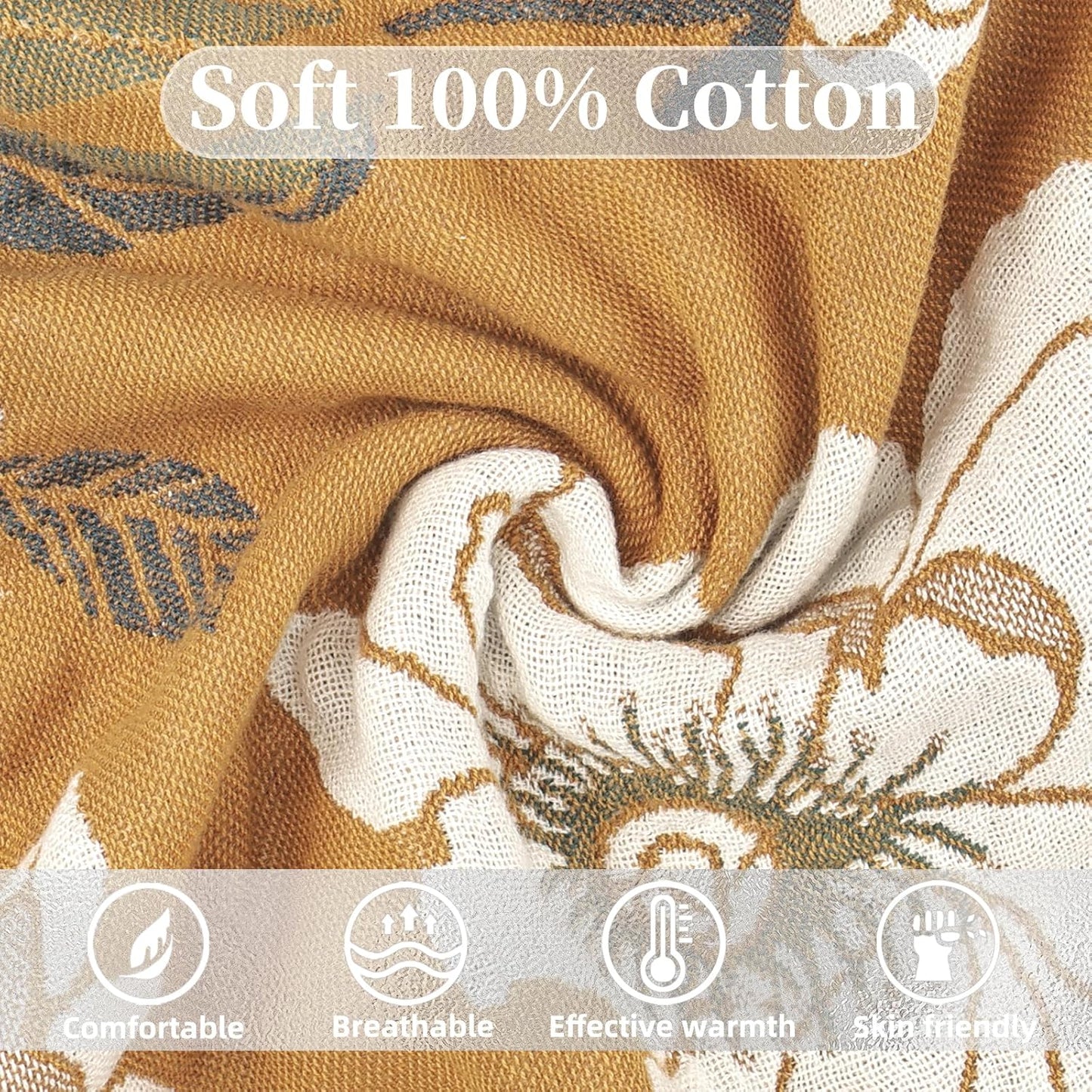 Boho Throw Blanket for Bed - 100% Pure Cotton Ultra Soft Rustic Quilt - Farmhouse Decor Bed Blankets, All Season Rustic Throw for Sofa Couch Chair(80''x 90'', Flower Branch 2)