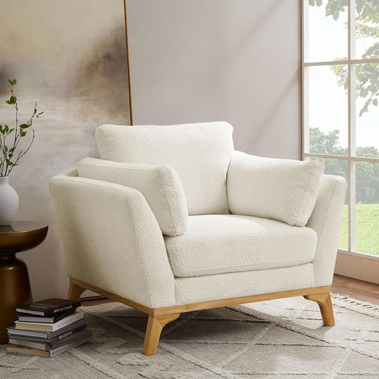 Large-Sized Accent Chair, Thick Cushion Bedroom Reading Chair, Comfortable Living Room Single Sofa, Boucle Milky White