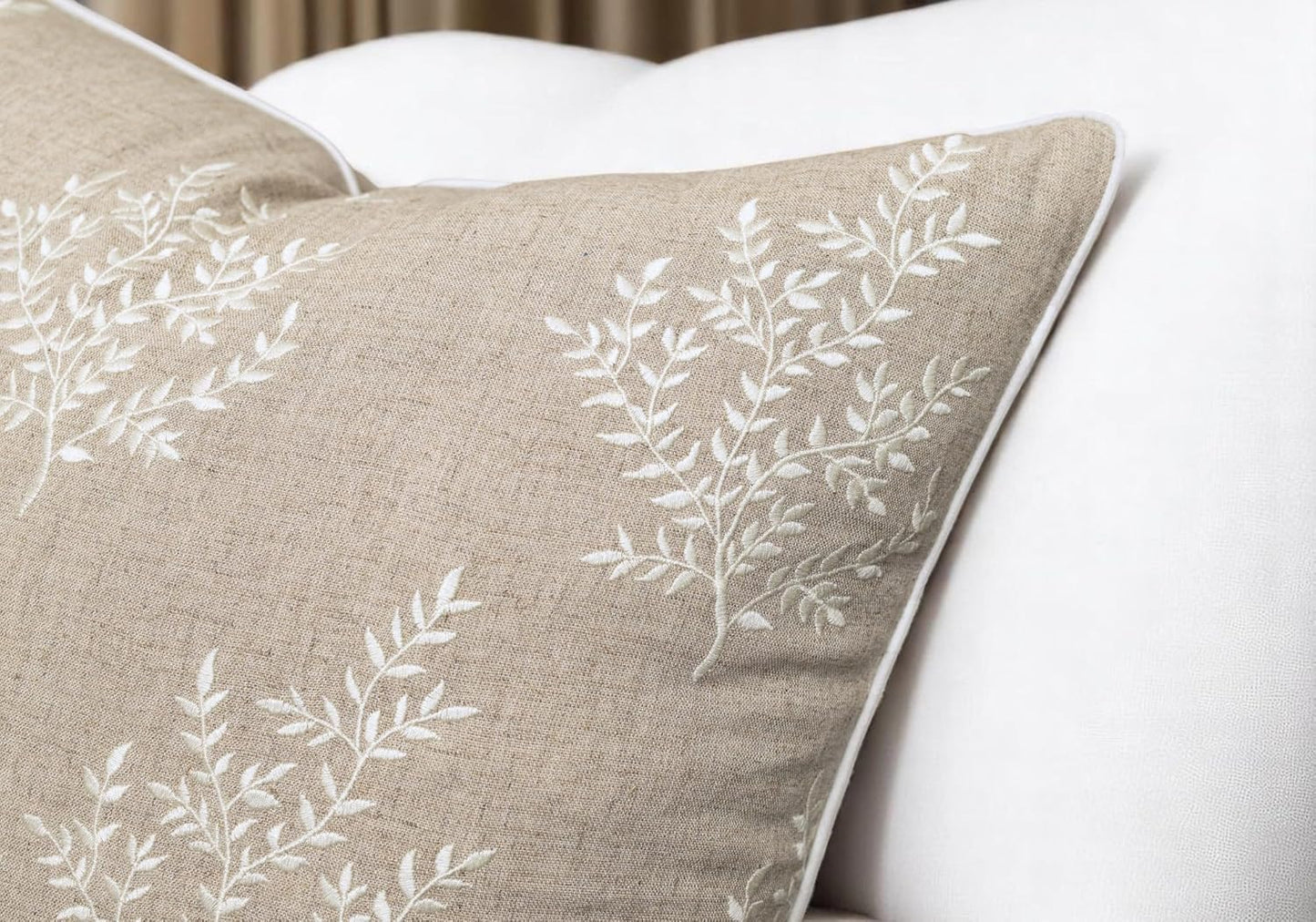VAGMINE Embroidered Leaves Throw Pillow Cover - 20x20 Inches Square - 100% Linen Natural Throw Pillowcase - Elegant Neutral Leaf Design - Minimalist Rustic Home Accent for Sofa, Bed, Couch, Lounge