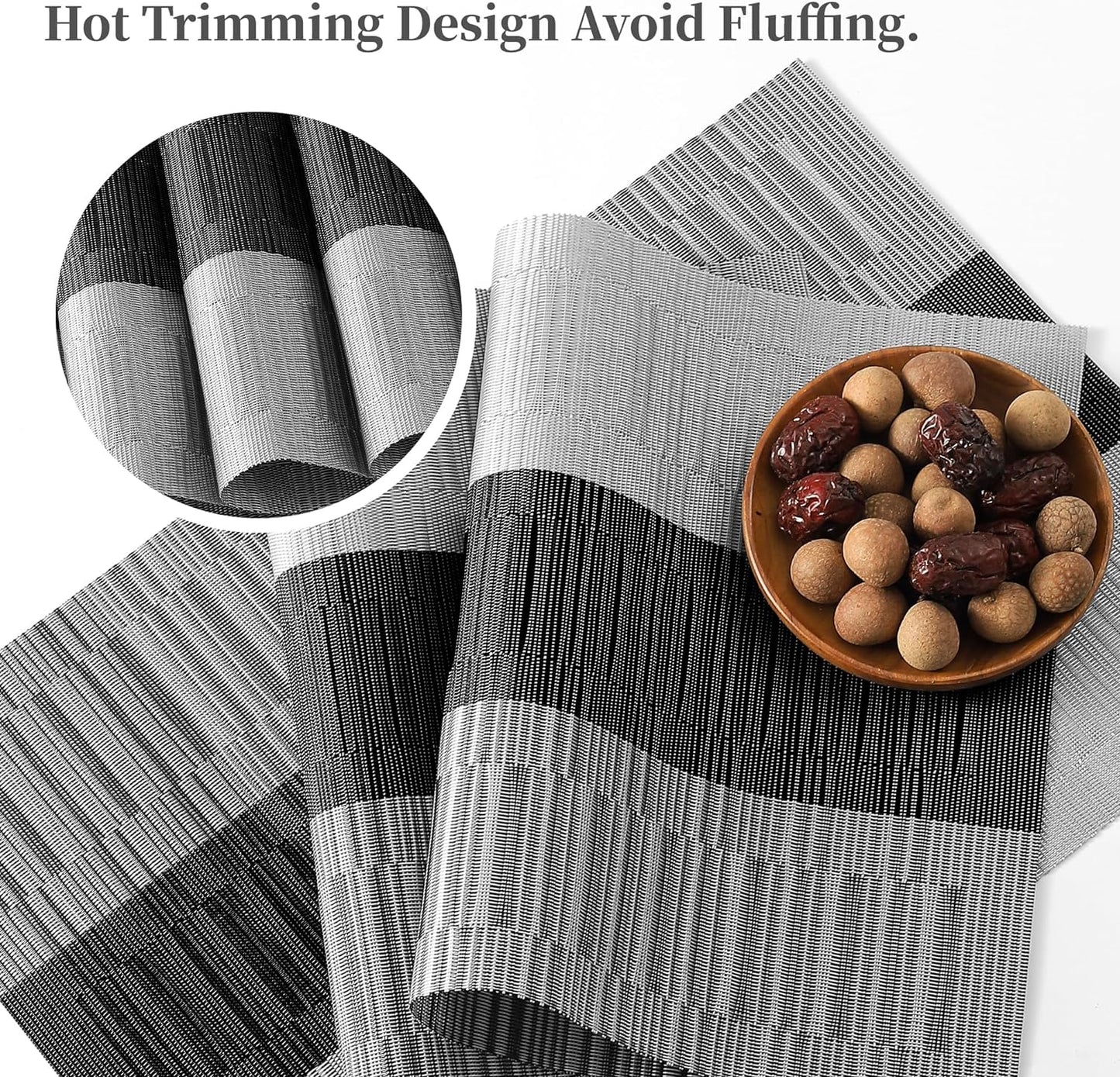 Leetaltree Grey with White Striped Placemats Set of 6 - Heat Resistant Non-Slip Place mats for Dining Table, Washable Durable PVC Vinyl Woven Table Mats（Grey Stripe, 6）