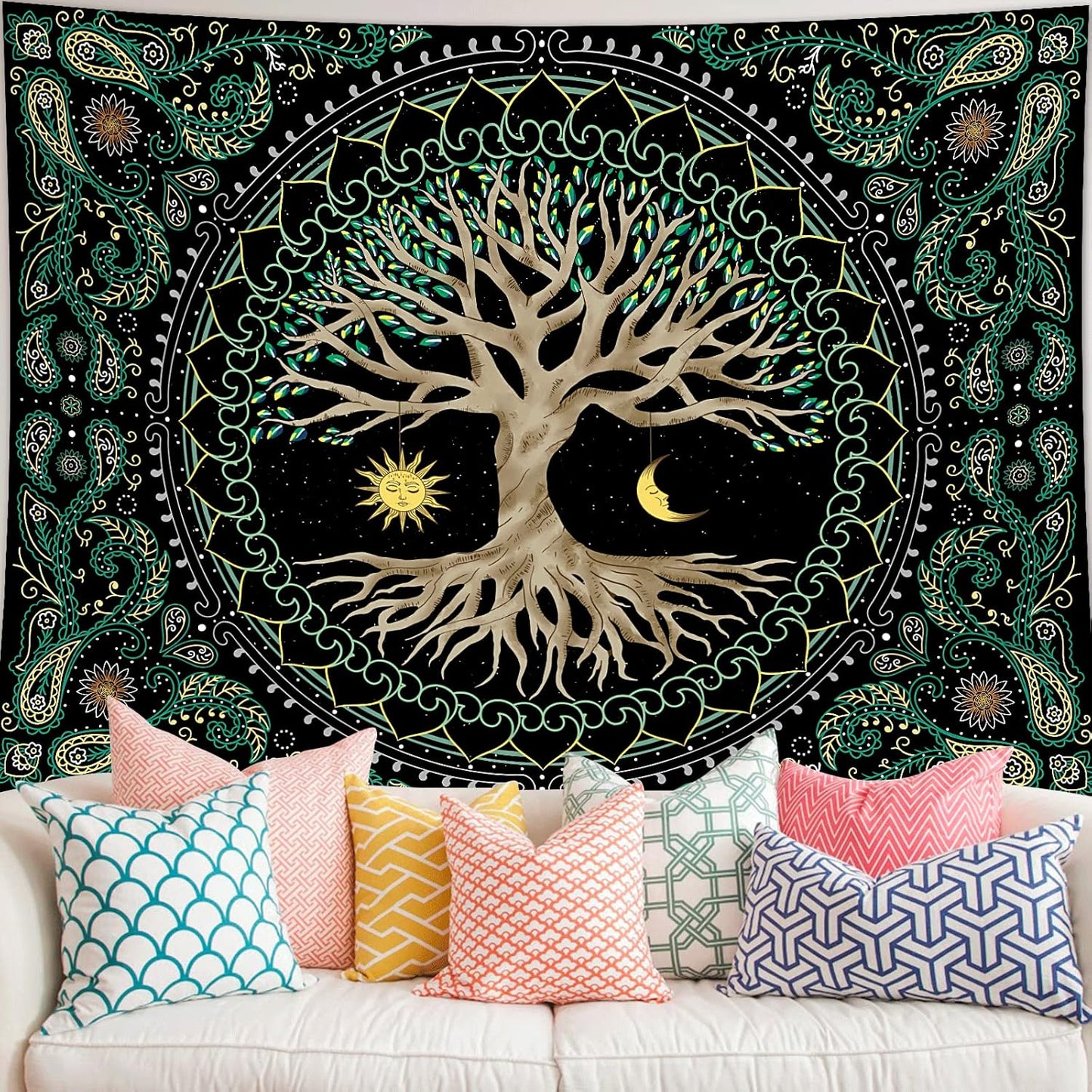 FORATER Tree of Life Wall Hanging - Aesthetic Sun and Moon Tapestry with Vintage Paisley Flowers (53 x 61 inches, Multicolor) for Bedroom, Living Room, Dorm