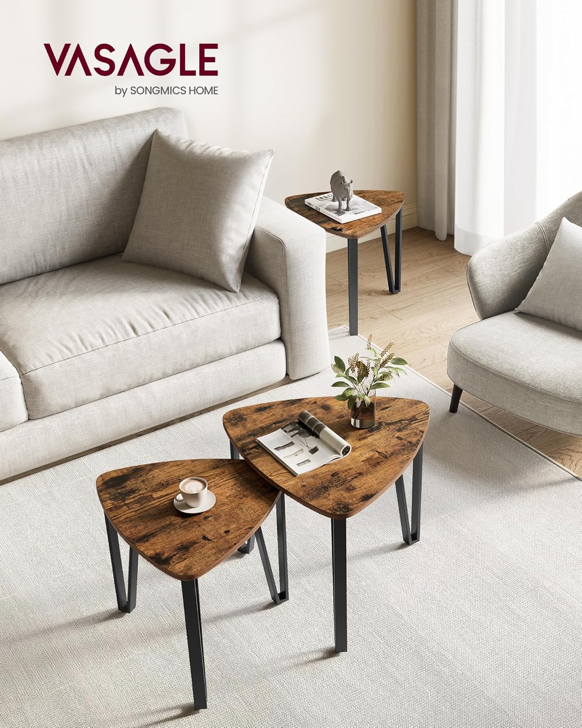 VASAGLE Nesting Coffee Tables, End Tables Set of 2 for Living Room Bedroom, Industrial Small Stacking Side Tables with Metal Frame for Couch, Rustic Brown and Black ULET013B01