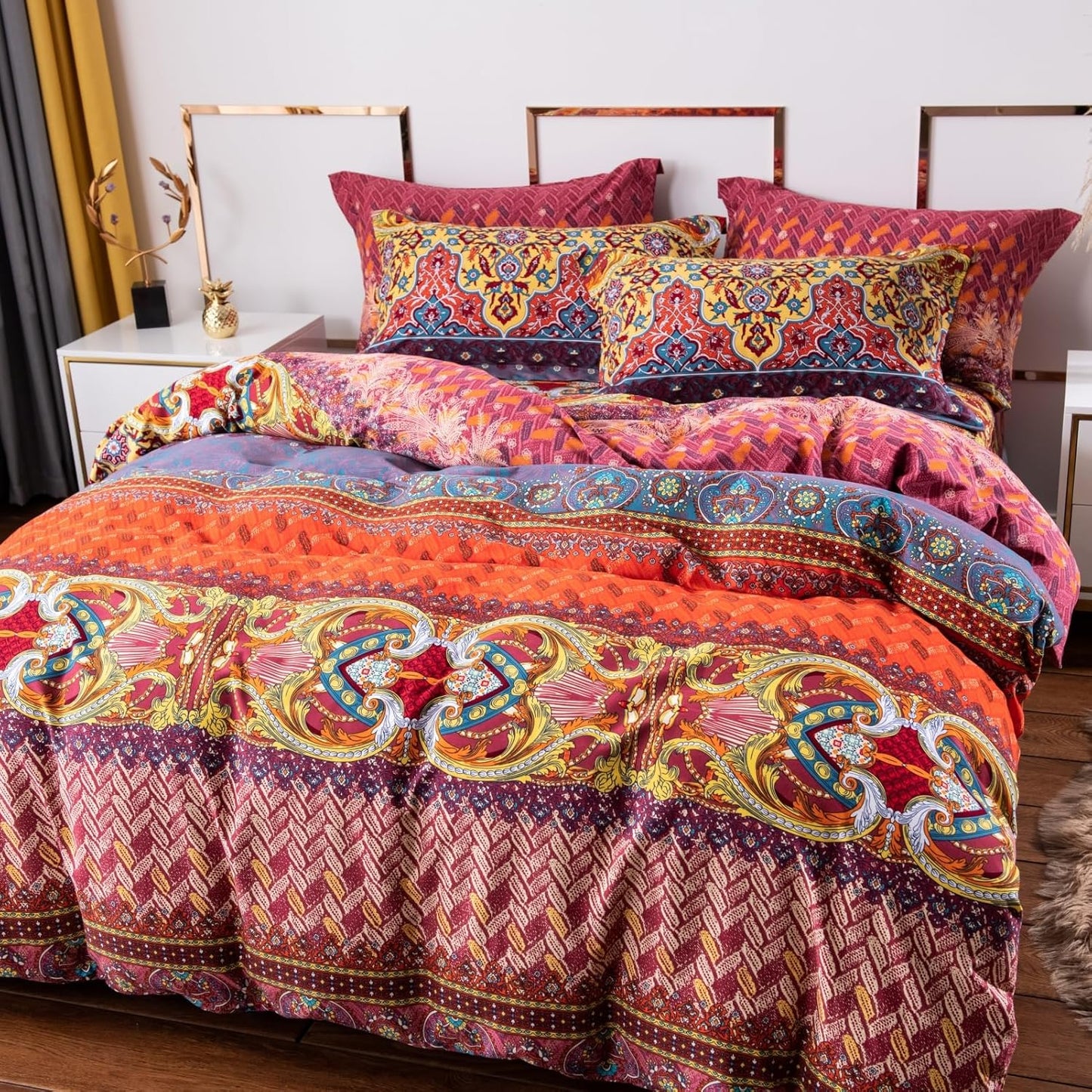 ABREEZE Bohemian Duvet Cover Set Colorful Orange Boho Retro Bedding Set Damask Paisley Cotton Duvet Cover Tribal Reversible Bedding Exotic Style Comforter Cover 3-Piece King