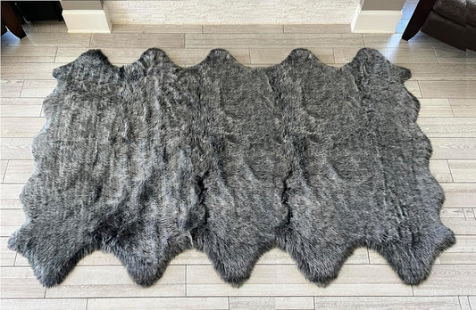 LAMBZY Faux Sheepskin Super Soft Hypoallergenic Free Shape Silky Shag Rug, Luxury Shaggy Silky Plush Carpet for Bedrooms Living Kids Room Sofa Rugs (Black with White Tips, Decto 10 Pelts 6'x10')