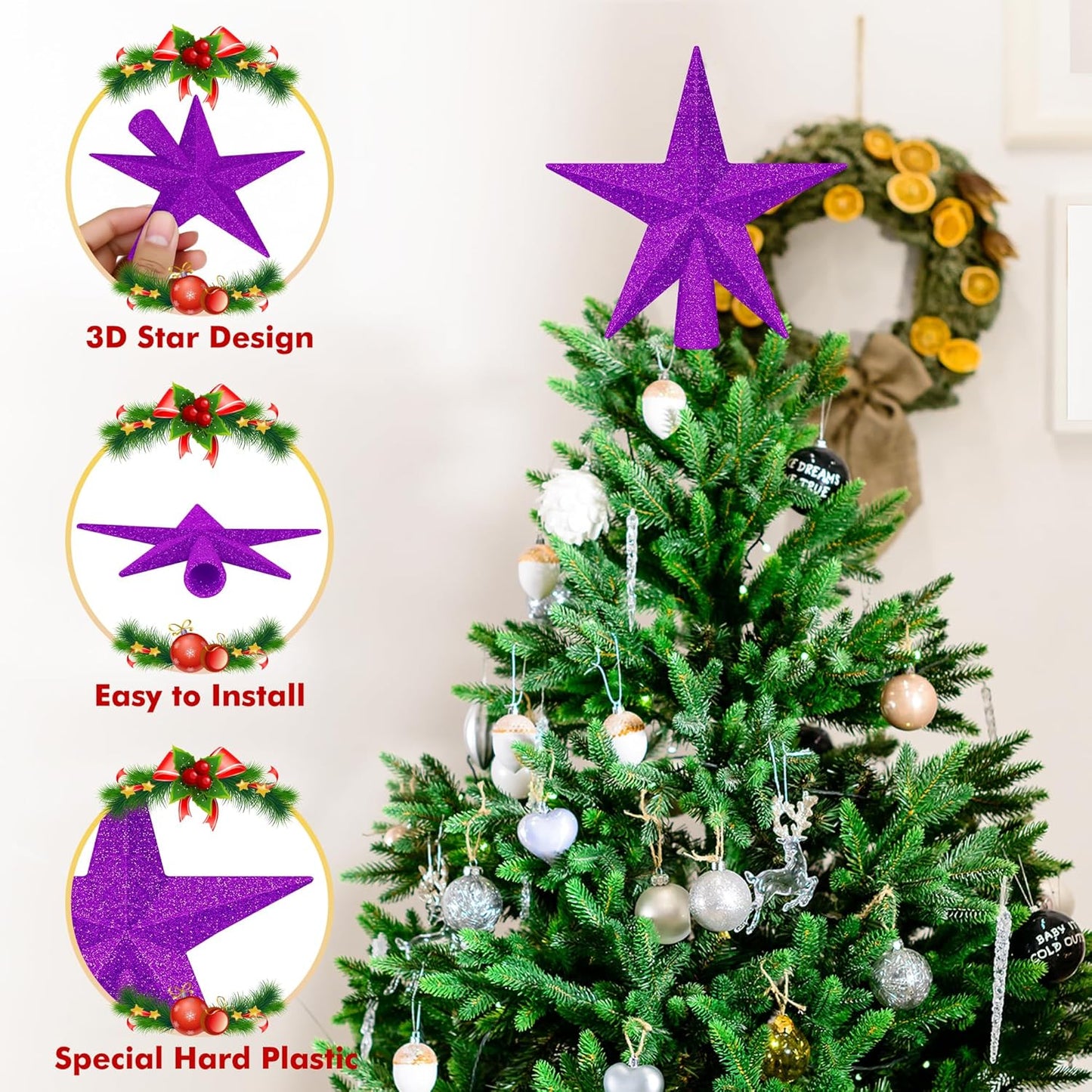 1PCS Christmas Tree Star Topper, Purple 4" Xmas Tree Topper Decorations, Glitter Shatterproof Mini Bethlehem Star Tree Decor, Waterproof Star Tree Topper for Christmas Holiday Indoor/Outdoor Ornament