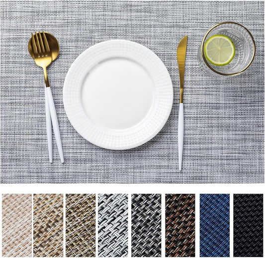 LEXMORE Placemats Set of 6 Vinyl/Plastic Woven Place Mats for Kitchen Table Indoor/Outdoor Washable Placemat Wipeable Dining Table Mats(A-Gray)