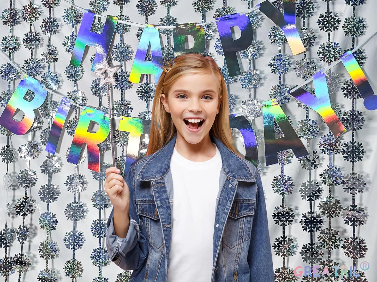 GREATRIL Silver Blue Snowflake Fringe Curtain Winter Onederland Streamers Backdrop with Sparkling Snowflake for Christmas Birthdays Party Decoration -3.2ft x 6.5ft - 2 Pack