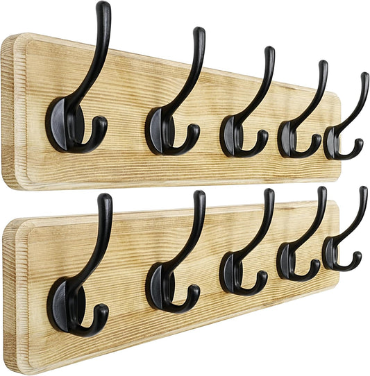 Dseap Coat Rack Wall: Patented, Heavy-Duty, 5-Double-Hooks Wooden Wall Mounted Coat Rack Coat Hanger Hook Rail for Winter Coats Hat Jacket Clothing, Light Brown, Pack of 2