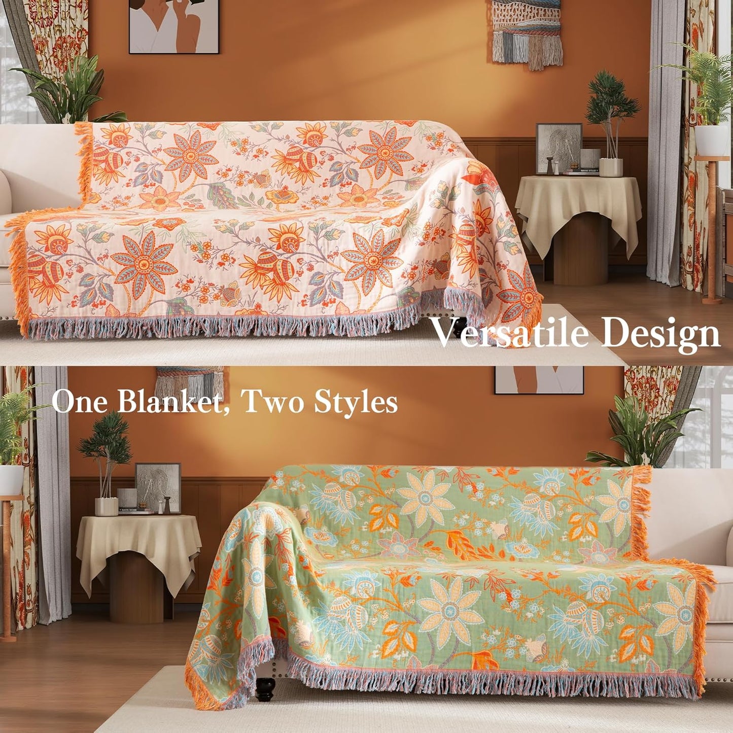 Boho Throw Blanket Queen Size, Soft Cozy Cotton Muslin Quilt Blanket for Bed Decor, Floral Patterned Couch Sofa Chair Cover, Vintage Farmhouse Cottage Tapestry Woven Blanket, Coral&Green