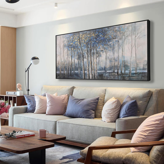 Framed Wall Art Scene Nature Decor Canvas Print Blue Embellishments Plant Grey Misty Forest Abstract Tree Painting Picture Artwork Framed Wall Decor For Living Room Bedroom Living Room And Apartment