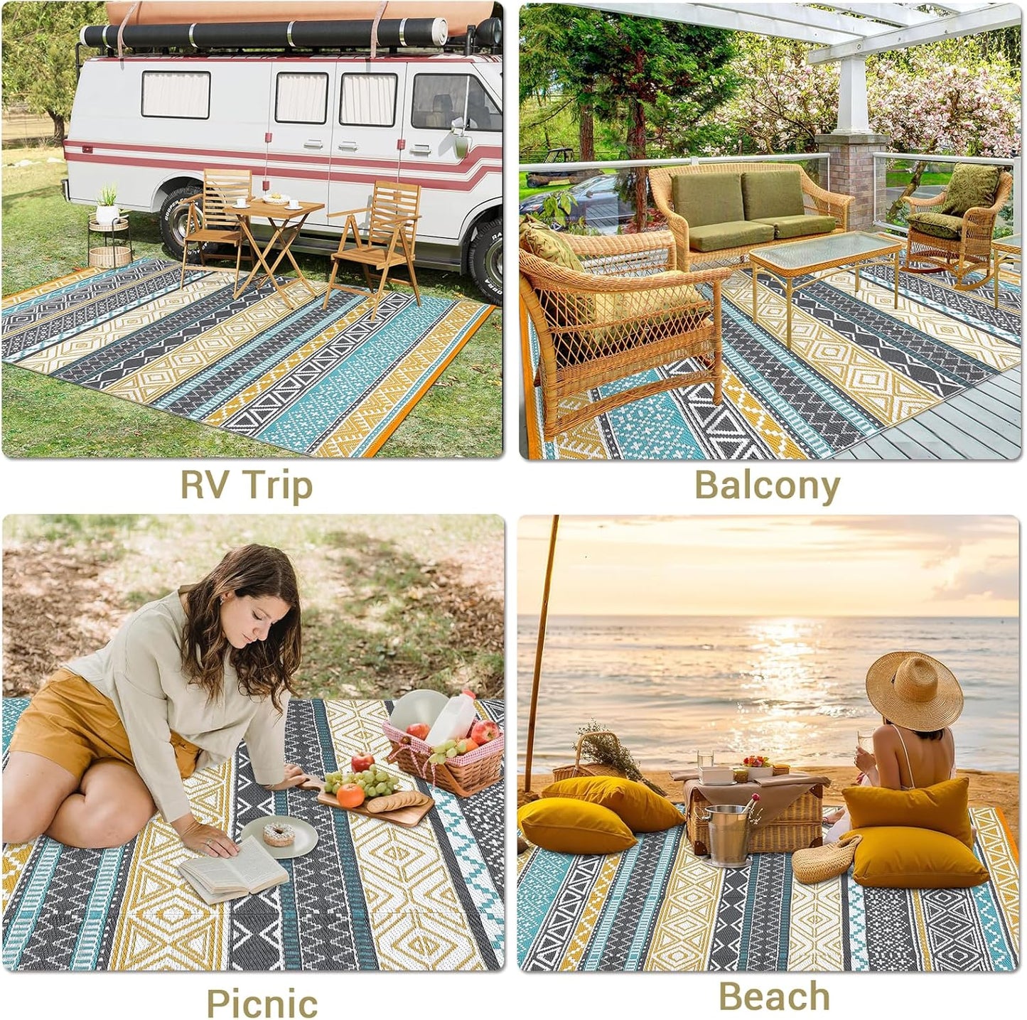 GAOMON Outdoor Rug for Patio 5'x8' Reversible Plastic Rugs Camping Mat for Outdoor, RV, Backyard, Deck, Balcony, Picnic, Beach, Teal/Yellow(Bohemia)