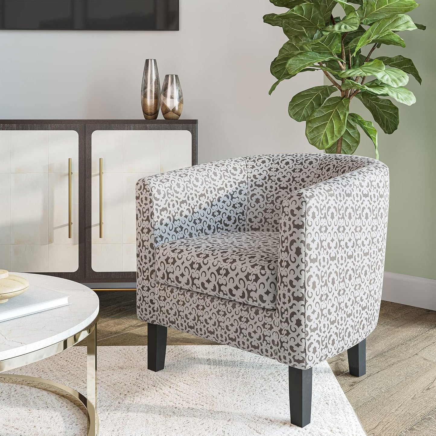 BELLEZE Accent Barrel Chair, Linen Round Chair Club Tub Sofa Corner Chair with Flared Legs and Cozy Soft Padding for Living Room Bedroom Waiting Room - White & Brown