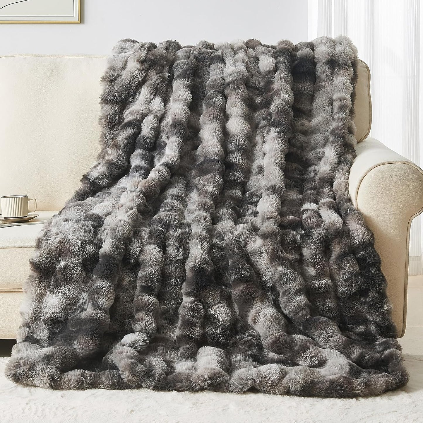 Lotus Karen Faux Fur Blanket Tie-Dye Dark Gray Twin Size - Big Bubble Rabbit Fluff Throw for Couch Small Fluffy Fuzzy Cozy Thick Furry Plush Shaggy Blankets 90x90 Inches