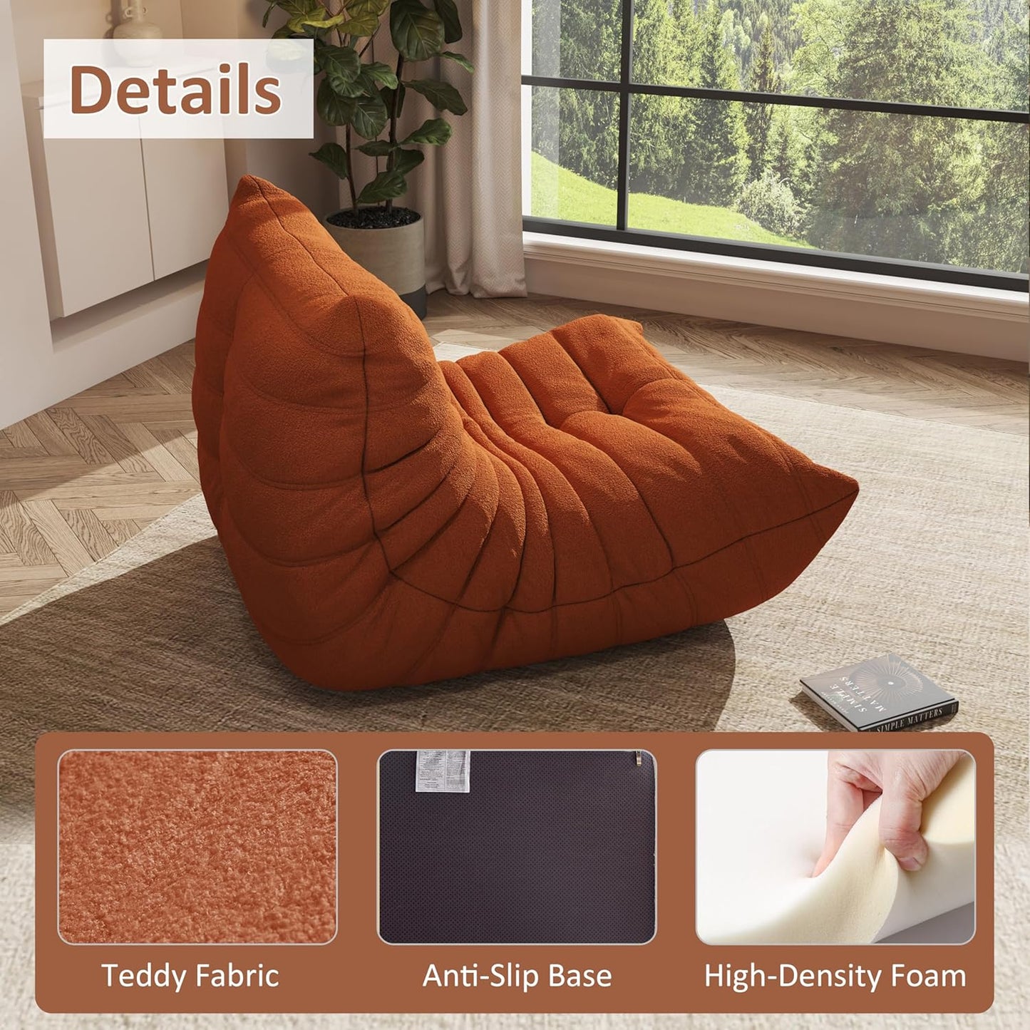 Bean Bag Chair, Oversized Bean Bag Chair for Living Room, Fireside Chair for Adults with Memory Foam Filled, Big Accent Sofa Lounge Floor Sofa for Gaming, Reading, Relax, No Assembly Required(Orange)
