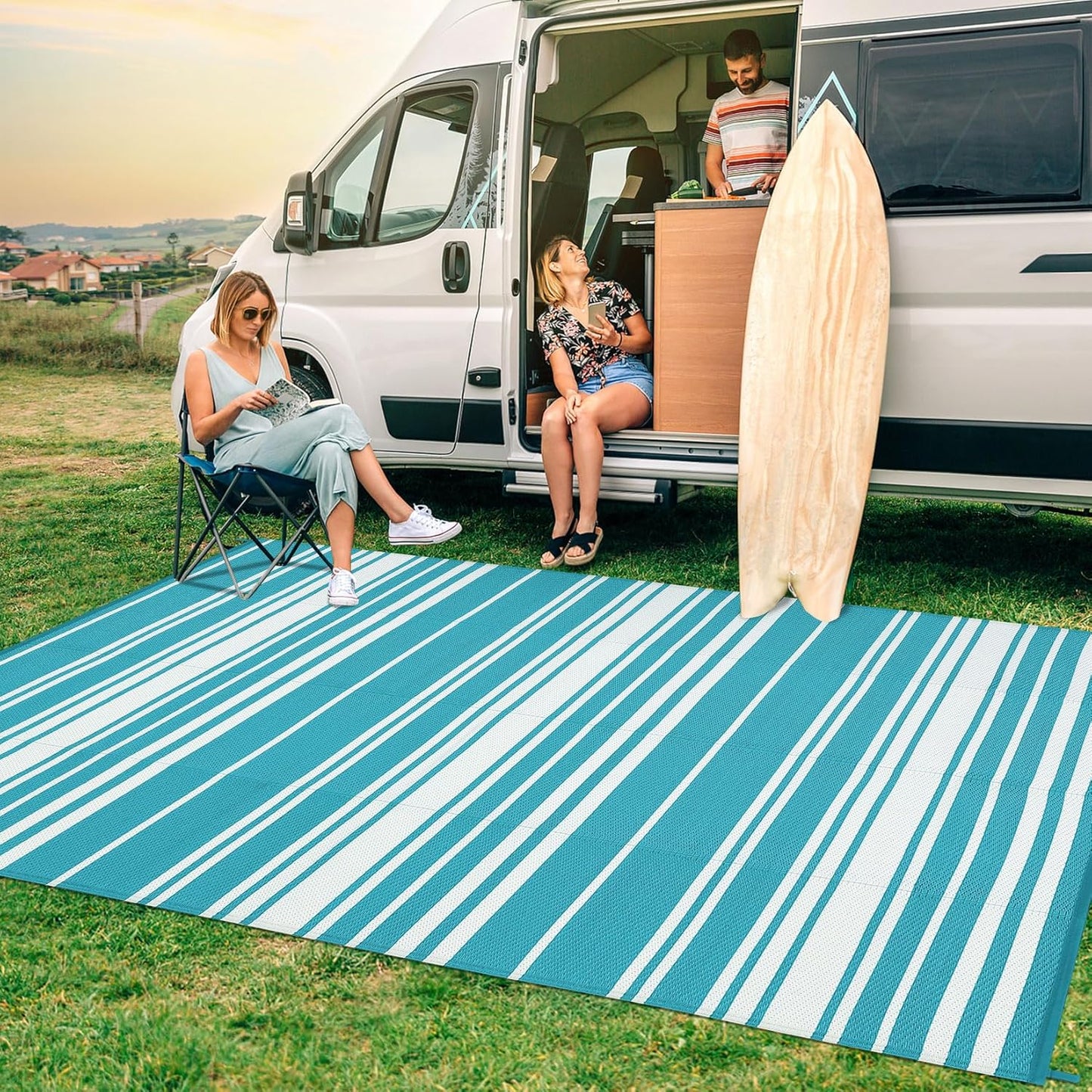 Outdoor Patio Rug 9x12 Stain-Resistant Reversible Camping Mat, Modern Striped Outdoor Plastic Straw Rug, Waterproof Outside Carpet, Easy to Clean for RV, Porch, Deck, Balcony, Light Blue
