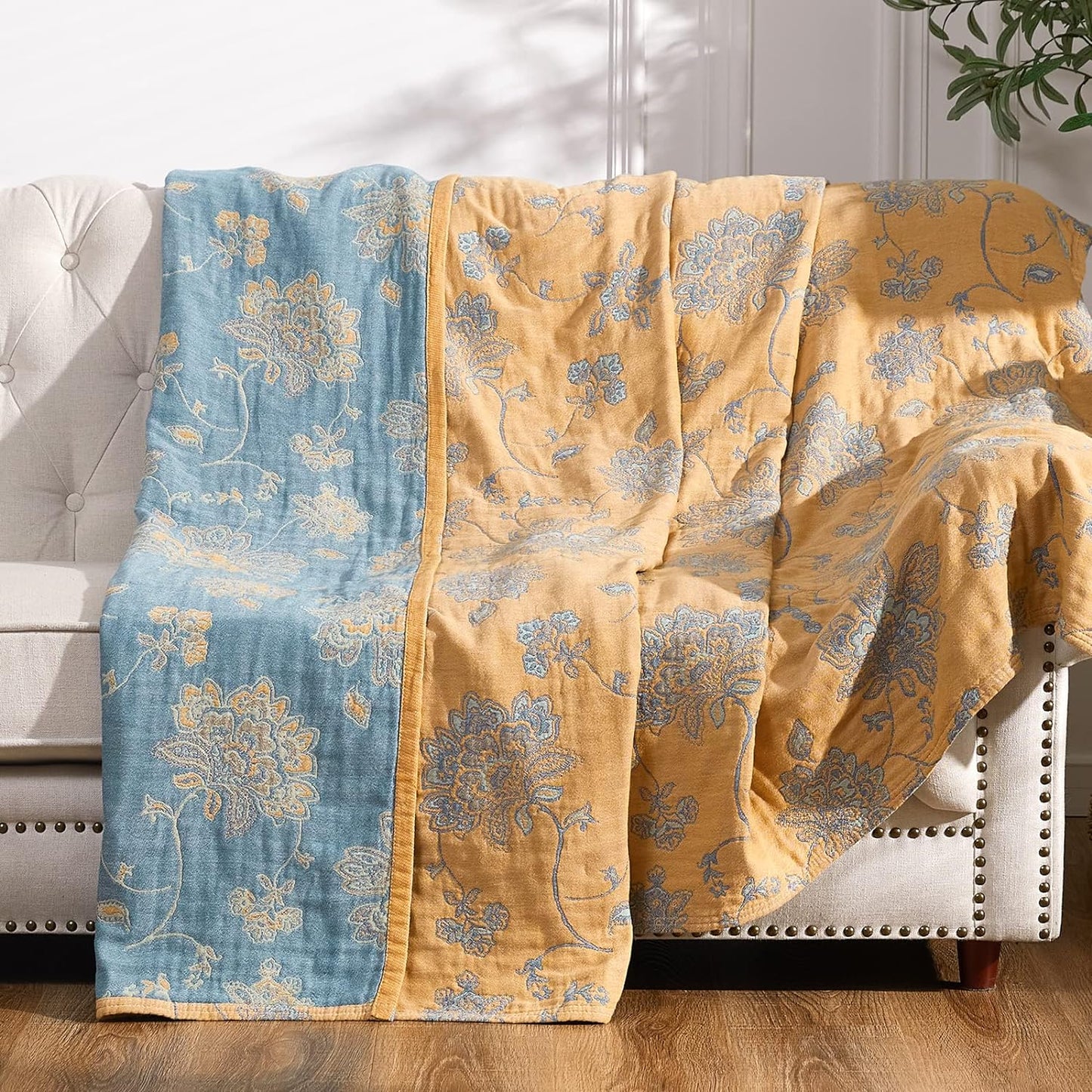 jinchan Boho 100% Cotton Muslin Queen Size 80x90 Inches Blanket Lightweight 4-Layer Quilted Soft Yellow and Blue Floral Throw Blanket Reversible Comfy Flower Rustic All Seasons Couch Bedroom Decor