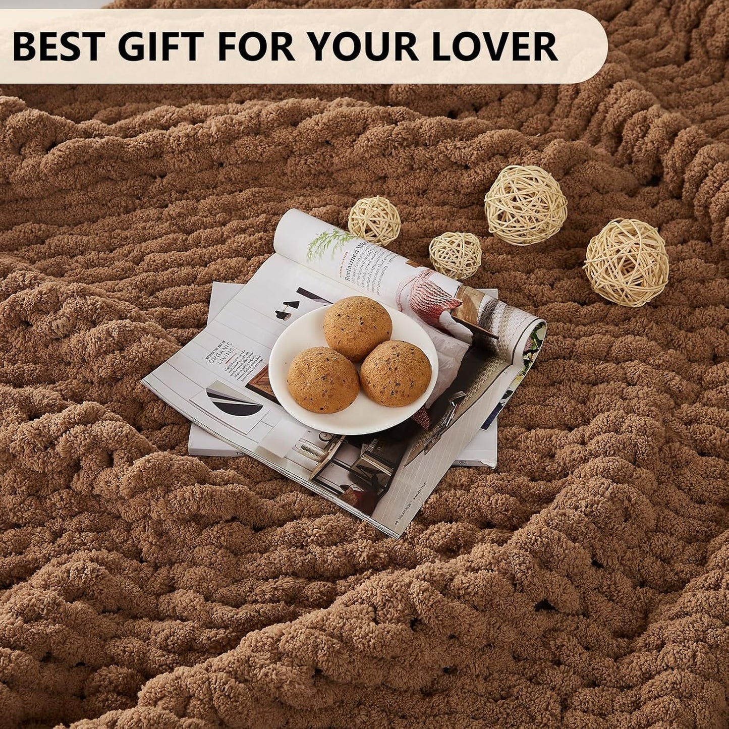 L'AGRATY Chunky Knit Blanket - Soft Chenille Yarn Throw - 60x80: Handmade Thick Cable Knit Crochet Blanket for Couch, Sofa, Bed & Home Decor