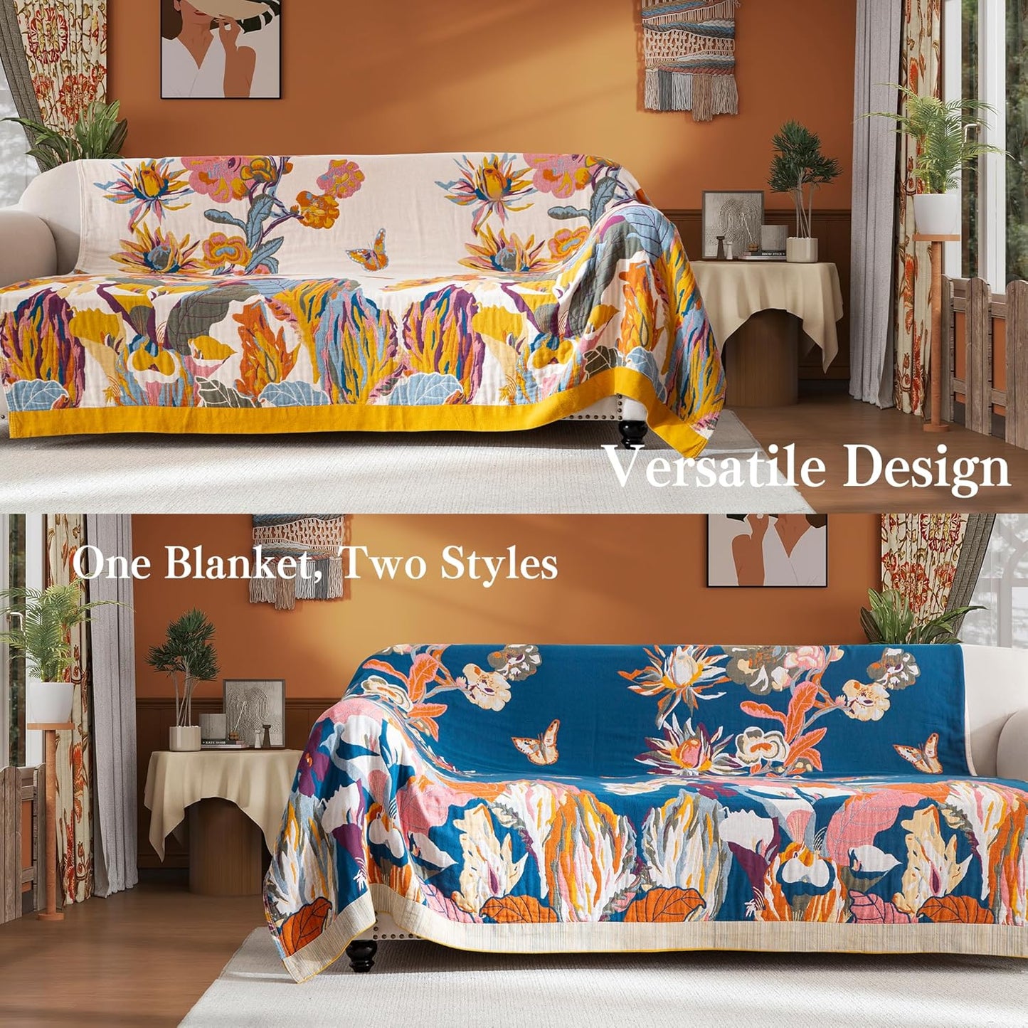 Boho Throw Blanket Twin Size, Soft Cozy Cotton Muslin Quilt Blanket for Bed Decor, Floral Patterned Couch Sofa Chair Cover, Vintage Farmhouse Cottage Tapestry Woven Blanket, Yellow&Blue