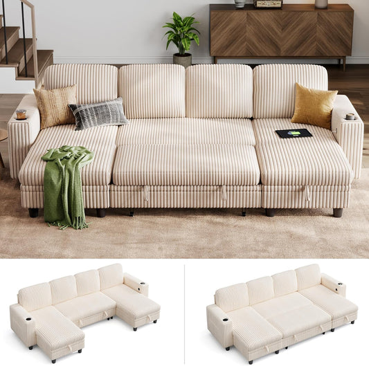 LINSY HOME Sectional Sleeper Sofa with Pull Out Couch Bed - Convertible Plush Corduroy Cloud Couch with Storage Chaise & USB Charging, Comfy U Shaped Modular Couches for Living Room, Beige