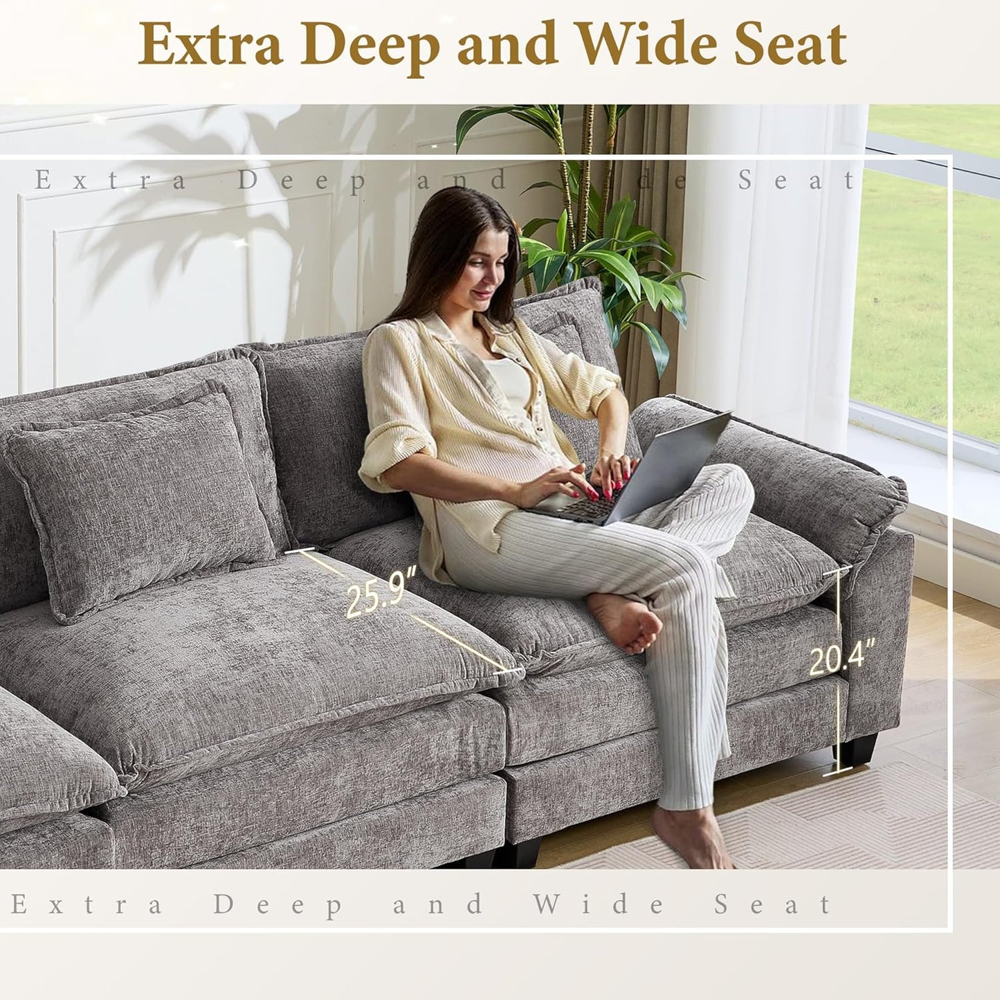 URRED Modular Sectional Sofa Comfy Cloud Couch, Modern Chenille Sofa Sleeper Deep Seat Couches with Ottoman/Pillows for Living Room (Gray, 53'')