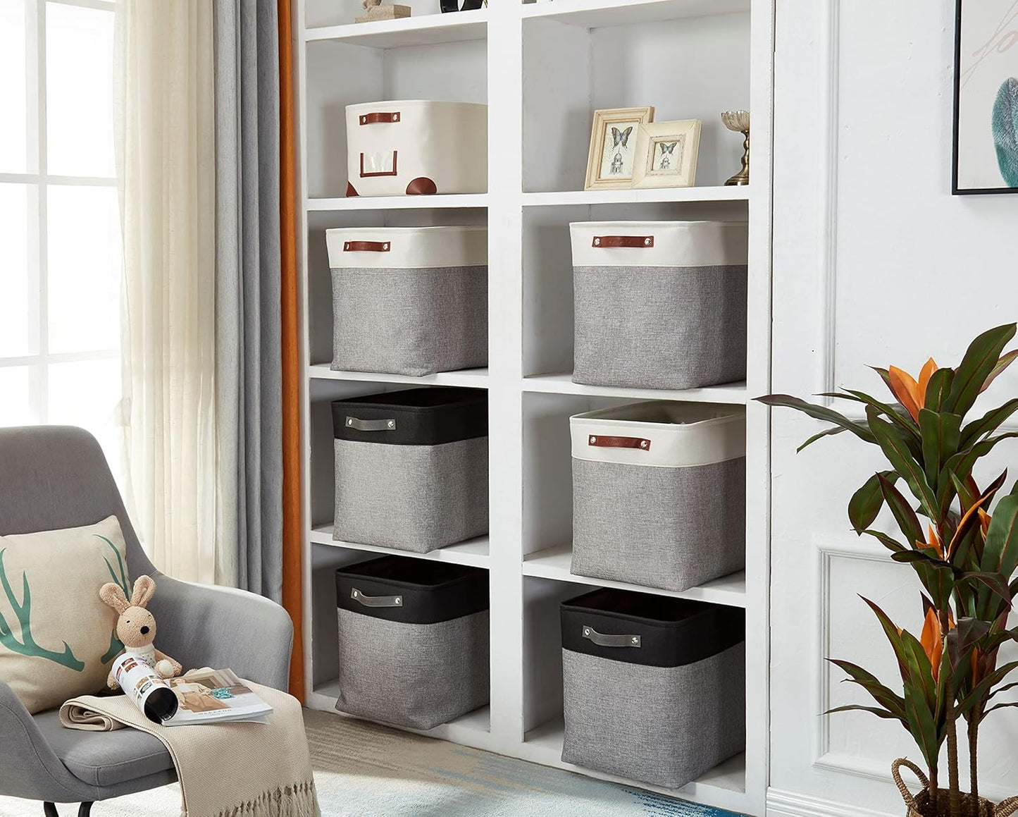 DECOMOMO Storage Baskets | Large Storage Bins 54.5L Fabric Baskets for Organizing Laundry Nursery Toys Cloth Linen Closet Organizers with Handles (Grey and White, XXXL - Jumbo/3P - 17" x 13" x 15")