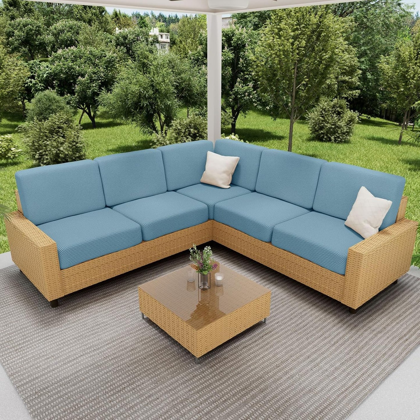 hyha Waterproof Sectional Couch Covers, Non Slip Sofa Couch Cushion Covers L Shape, Thick Stretch Jacquard Fabric, Washable Sofa Slipcovers with Elastic Bottom (1 Piece for Chaise XL, Lake Blue)