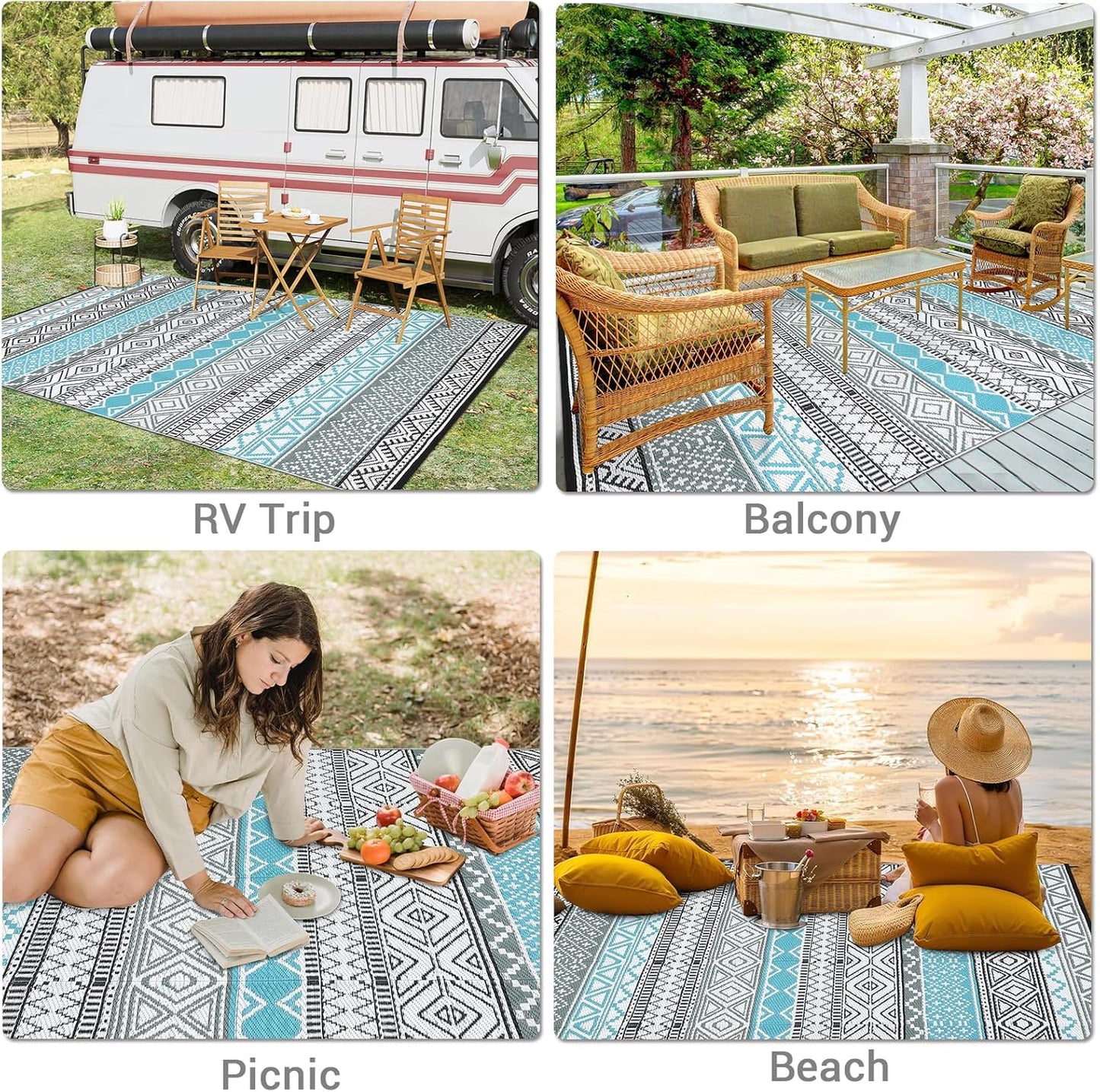 GAOMON Outdoor Plastic Straw Rug, 10'x14' Reversible Sage Green Patio Mat, Flower Modern Design for RV, Backyard, Deck, Camping, Picnic, Blue/Grey(Bohemia)