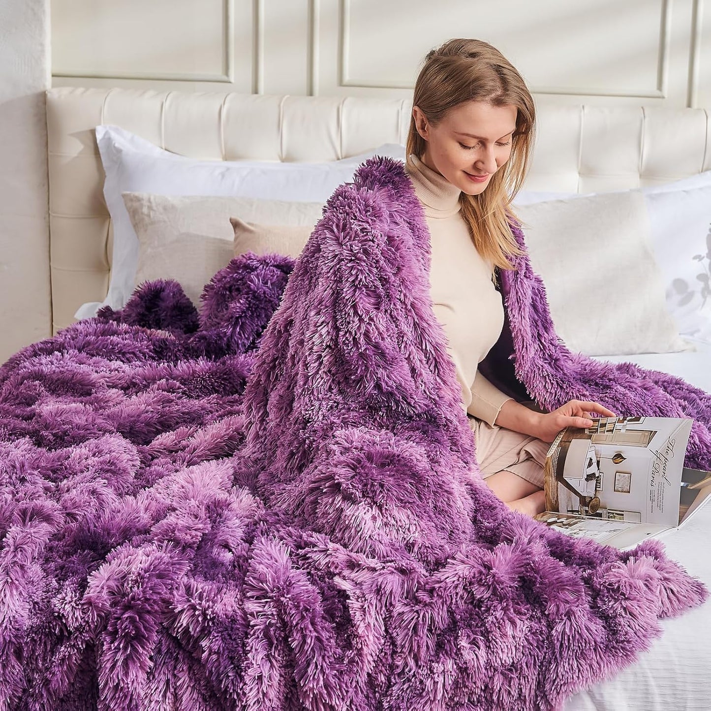 GONAAP Fuzzy Faux Fur Throw Blanket Queen Size Tie-dye Violet Purple Super Soft Cozy Plush Fuzzy Shaggy Blanket for Couch Sofa Bed (Tie-dye Violet Purple, Queen(90"x90"))
