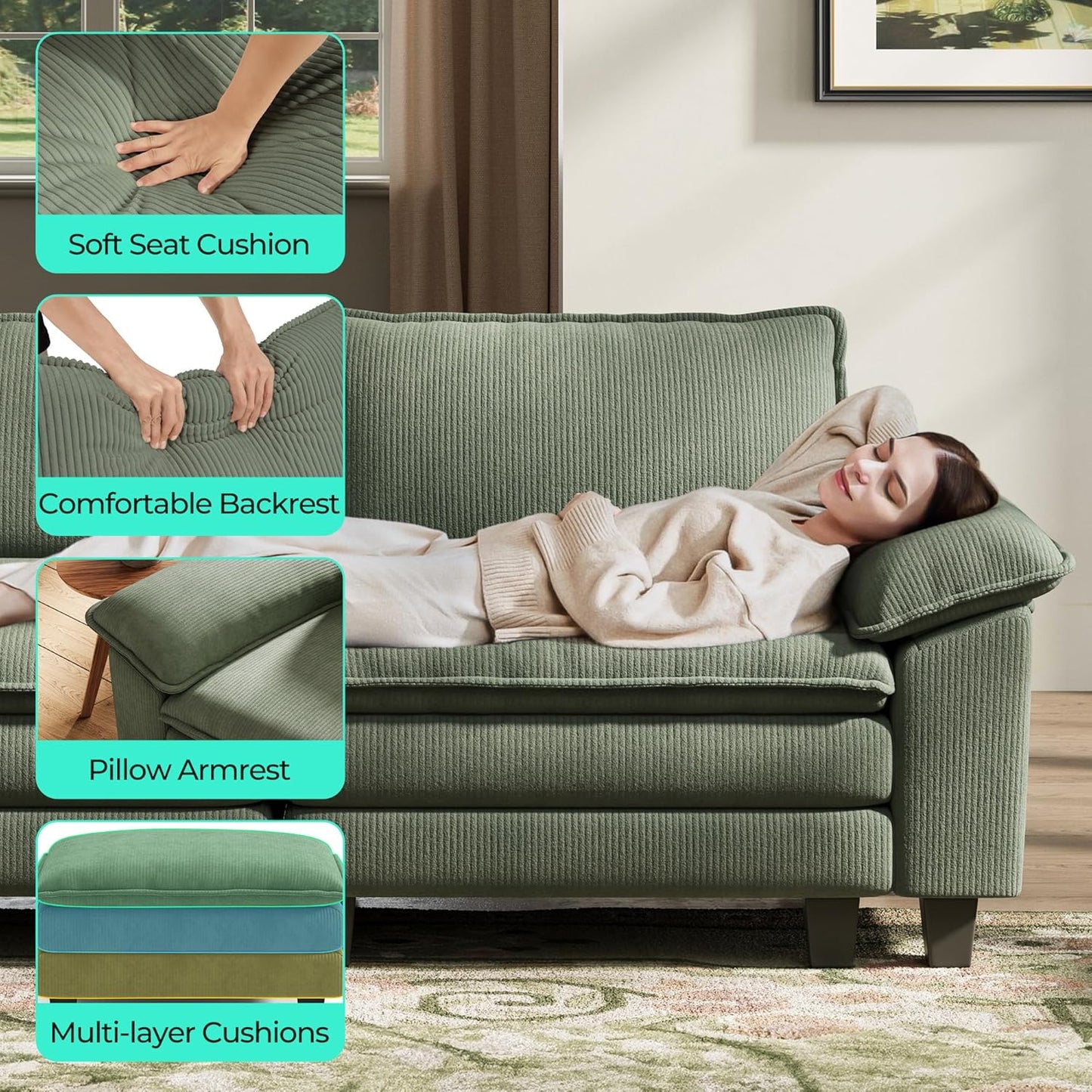 LINSY HOME Oversized Modular Sectional Sofa - 157'' Corduroy Cloud Couch Deep Seat Modular Sofas Soft Modern Comfy Couches for Living Room Apartment Office, Green