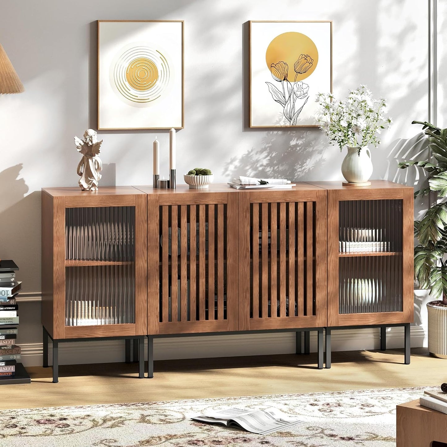 Farmhouse TV Stand for TVs up to 70 Inch, Entertainment Center TV Console with Storage Cabinets and Glass Doors,Media Console for Living Room,Brown