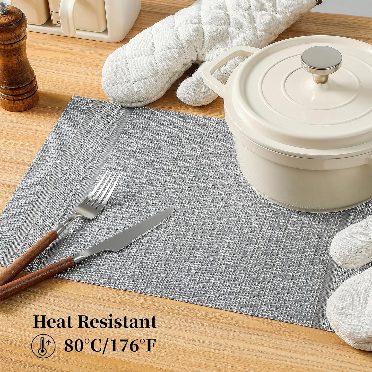 Leetaltree Lunar Grey Placemats Set of 8 - Heat Resistant Non-Slip Place mats for Dining Table, Washable Durable PVC Vinyl Woven Table Mats（Lunar Grey, 8）