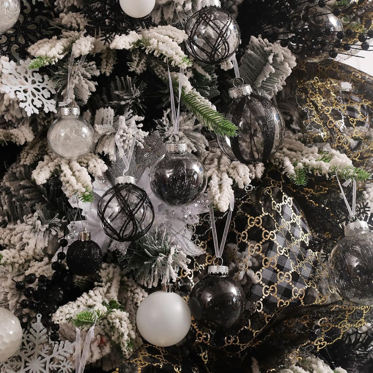 Clear Christmas Ball Ornaments,24ct Shatterproof Plastic Decorative Christmas Ornaments Hanging Xmas Tree Baubles Set with Stuffed Delicate Glittering Decorations for Holiday Party Home Decor(Black)