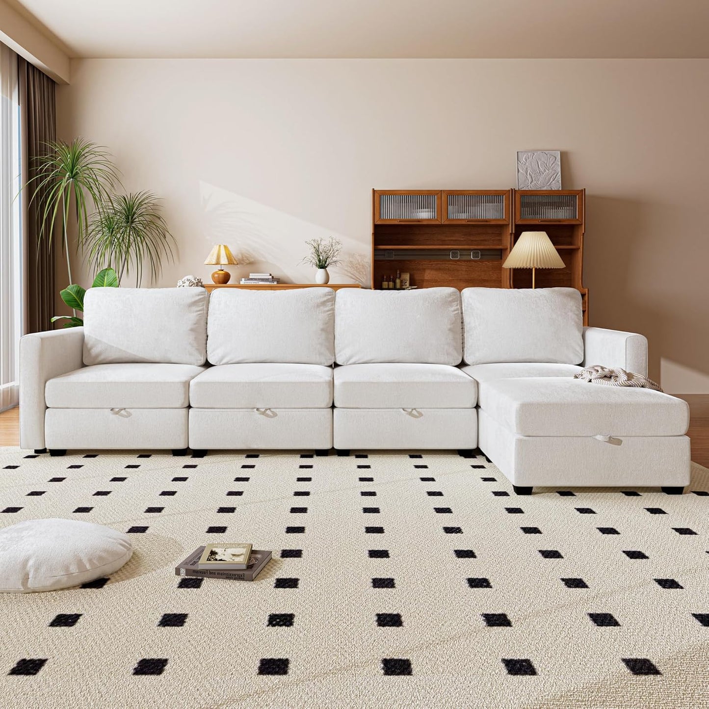 mestyl Modular Sectional Sofa Convertible L Shaped Sofa Couch Set with Storage for Living Room, Modern 4 Seater Modular Sectional Couch with Movable Ottoman (Beige)