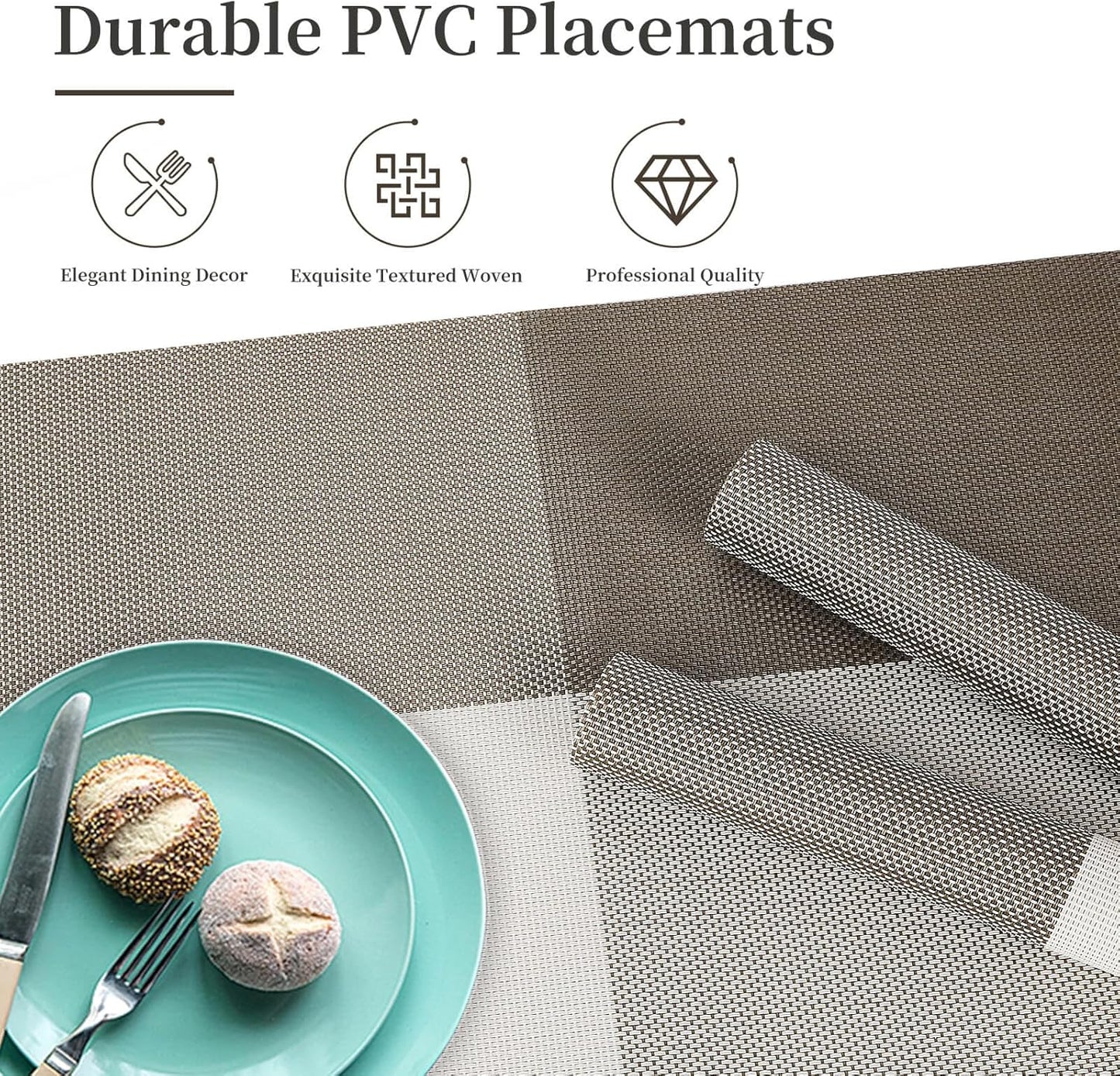 Vinyl Plastic Placemats Set of 6 Washable Heat Resistant Non-Slip Elegant Indoor Outdoor Kitchen Dining PVC Woven Table Place Mats (Light Coffee Lattice Block)