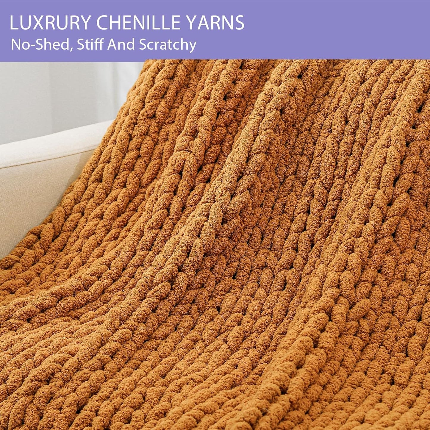 Bigacogo Chunky Knit Throw Blanket for Couch, 51x63 inches, 100% Hand Knitted with Thick Jumbo Chenille Yarn, Cozy Soft Large Rope Knot Cable Crochet Blankets for Sofa Bed Living Room, Burnt Orange