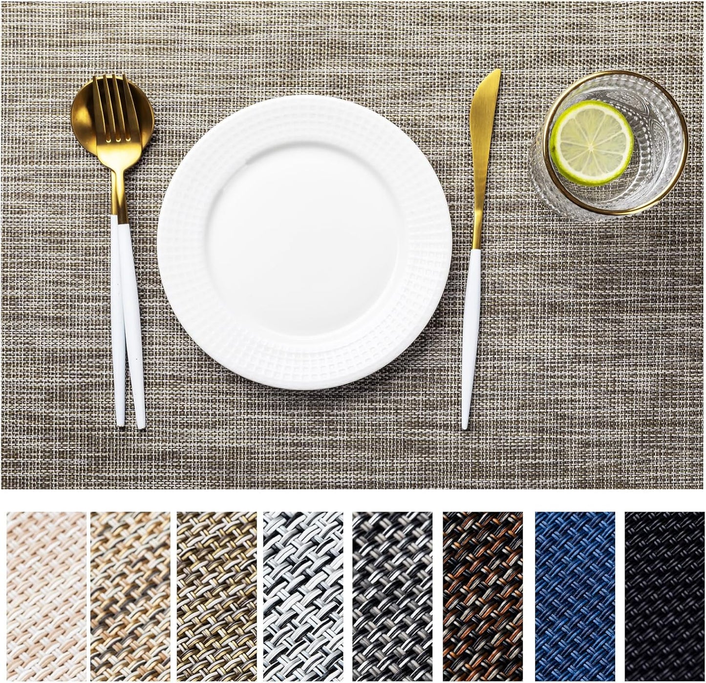 LEXMORE Placemats Set of 8 Vinyl/Plastic Woven Place Mats for Kitchen Table Indoor/Outdoor Washable Placemat Wipeable Dining Table Mats(Cappuccino)