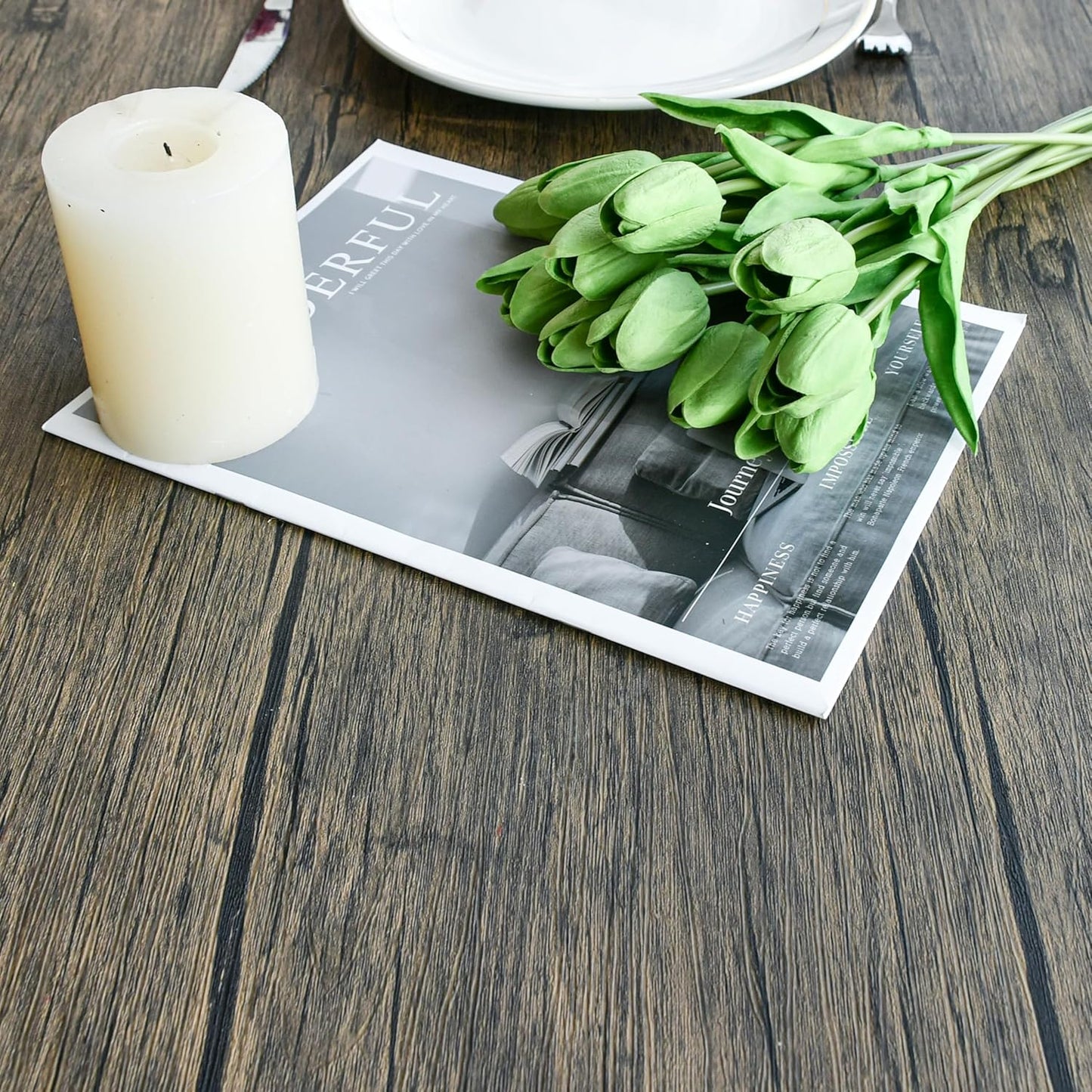 Mandy's Artificial Tulips 20 Stems Green PU Faux Flowers for Wedding Home Decor 13.5 Inch