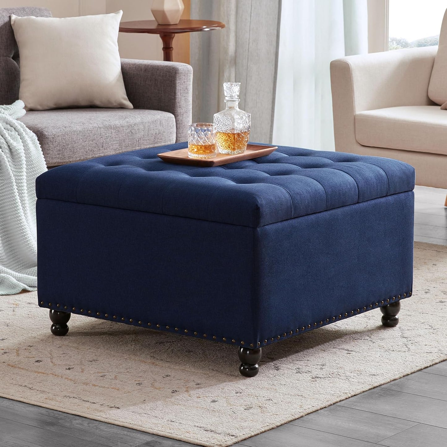 Tbfit Large Square Tufted Upholstered Ottoman and Coffee Table with Storage, Oversized Footrest Bench for Living Room Bedroom, Blue