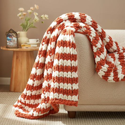 Amélie Home Chunky Knit Throw Blanket for Couch, Soft Chenille Crochet Blanket for Sofa, 50"x60", Burnt Orange & White Striped
