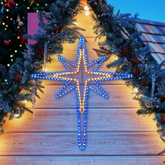 43" Christmas Star of Bethlehem LED Star Hanging Lights Nativity Holy Family Light for Door Window Porch Wall Decoration Plug Operated Lighted Hanging Tree Topper(Warm Light)
