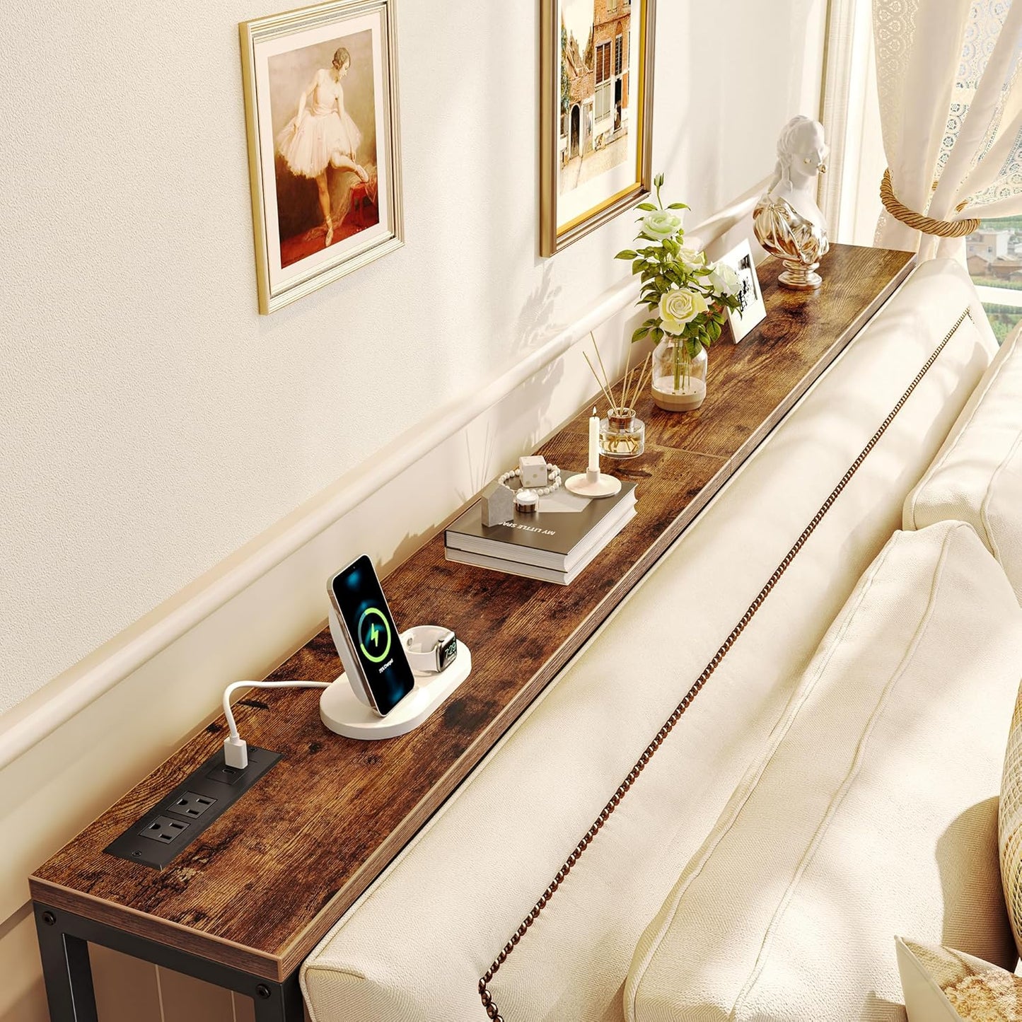 SUPERJARE 70 Inch Console Table with Outlet, Sofa Table with Charging Station, Narrow Entryway Table, Skinny Hallway Table, for Living Room, Rustic Brown