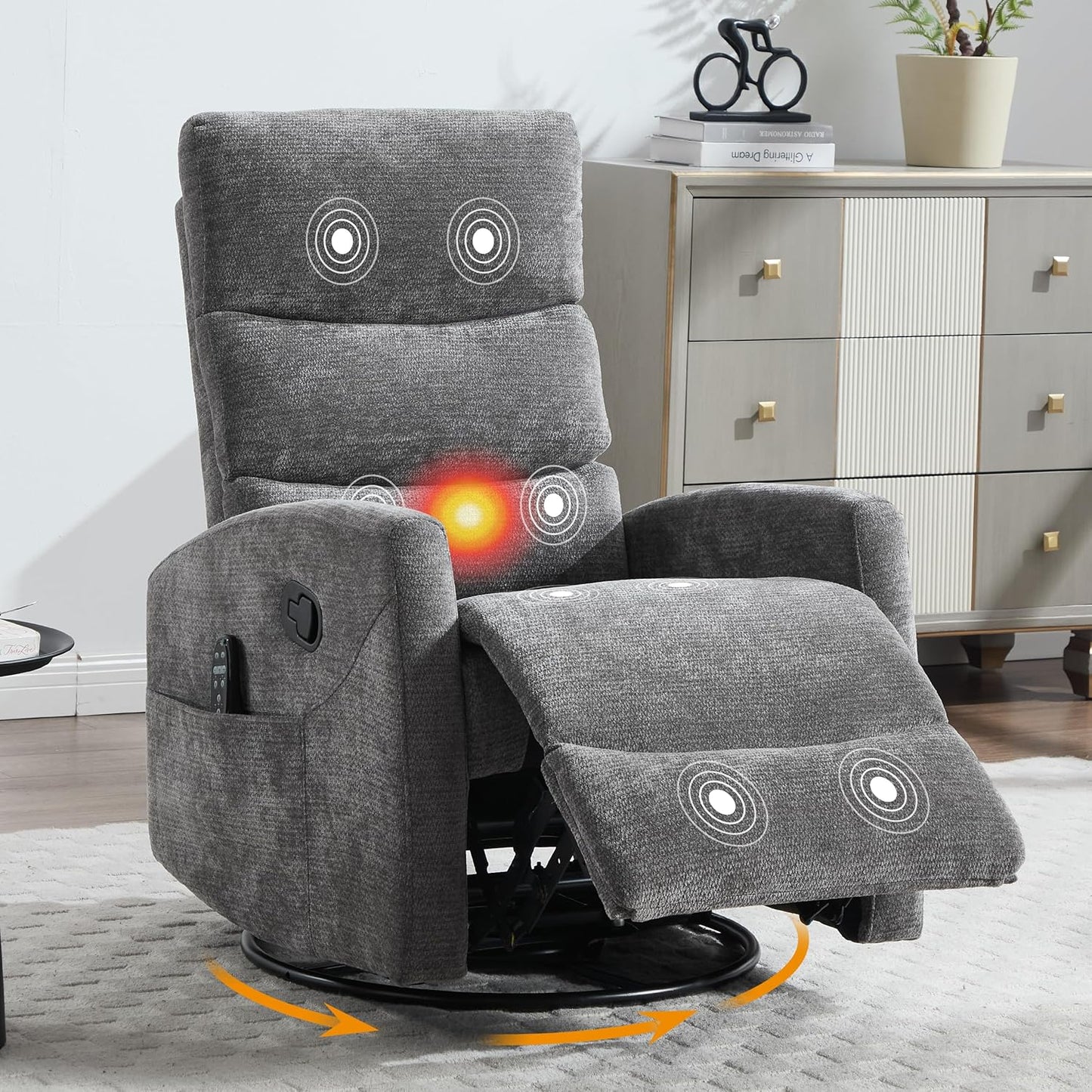 Manual Swivel Rocker Recliner Chair for Adults, Overstuffed Reclining Glider Chair for Nursing with Vibration Massage & Heat, Living Room Rocking Recliner 3-Stage backrest, Chenille Fabric Dark Gray