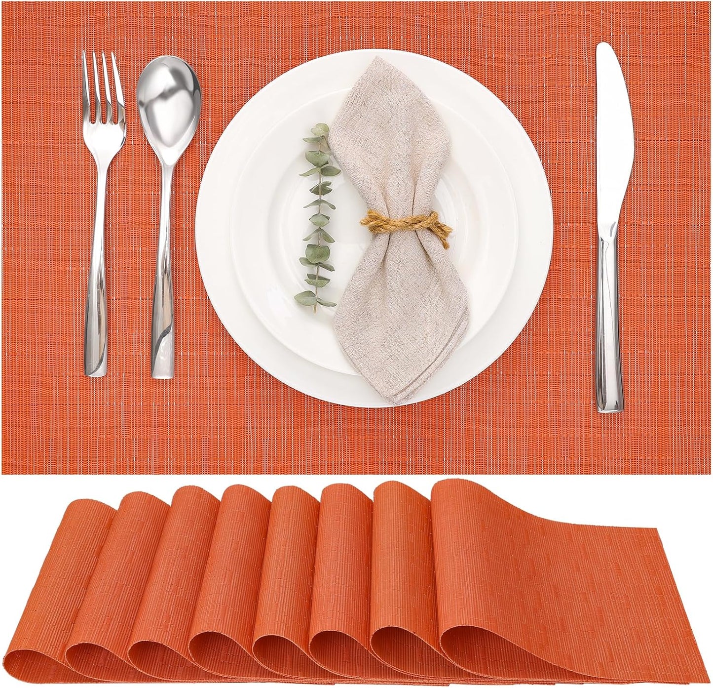 Myir JUN Placemats Set of 8, Vinyl Woven Placemats Place Mats Indoor Set of 8 Washable Table Mats Non-Slip Place mats for Dining Table (Orange, Set of 8)