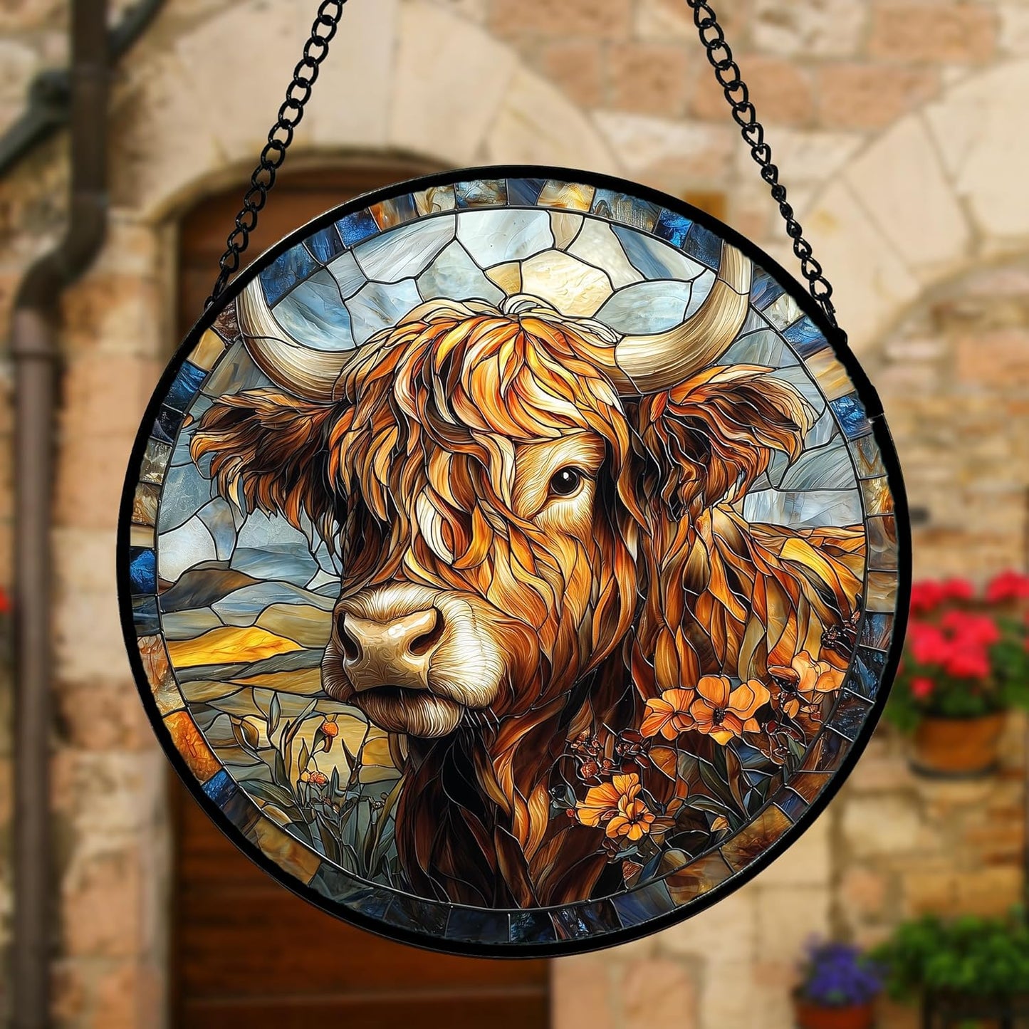 Stained Glass Window Hanging - Funny Cow Flower Suncatcher Ready to Hang Window Doors Home Decoration and Christmas, Mother's Day Birthday Gifts for Women, Men, and Mom 9.8x9.8 in