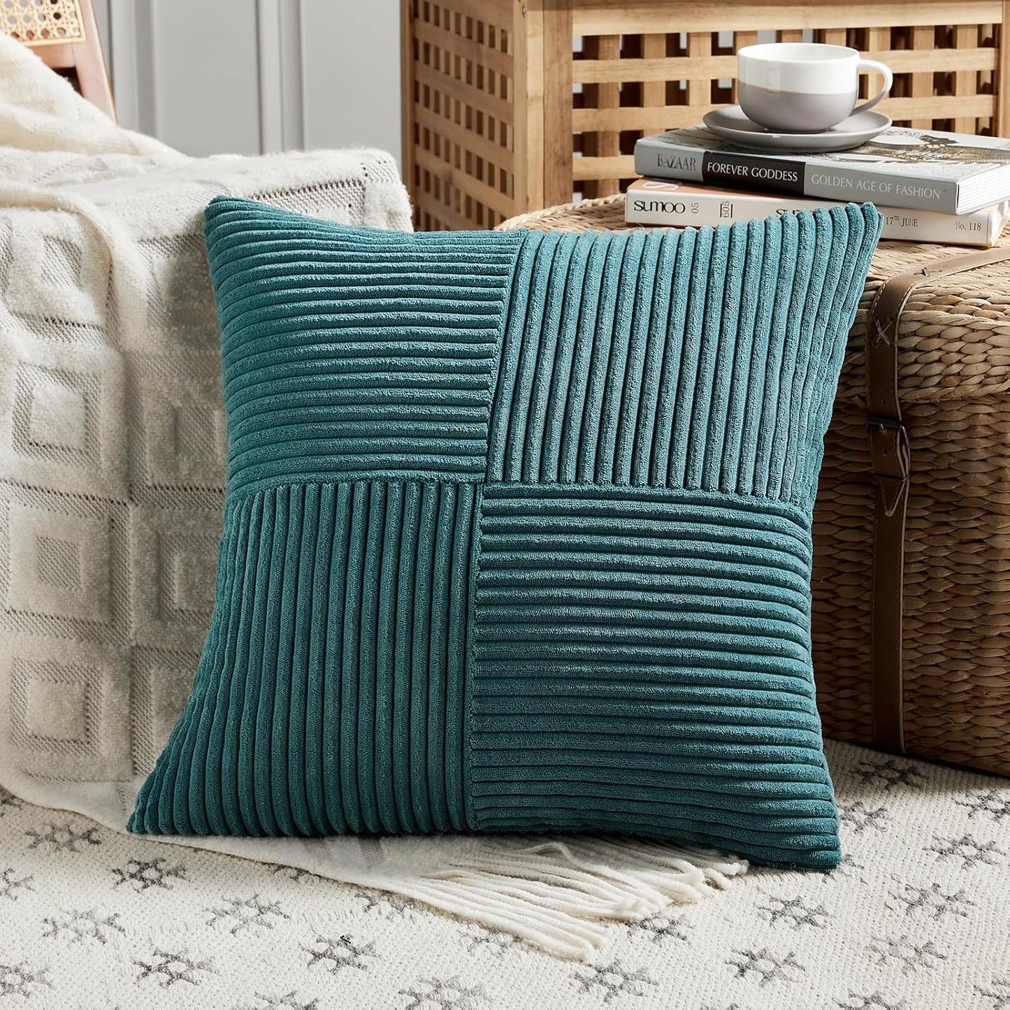 Fancy Homi 2 Packs Teal Decorative Throw Pillow Covers 20x20 Inch for Living Room Couch Bed Sofa, Rustic Farmhouse Boho Home Decor, Soft Corss Corduroy Patchwork Accent Square Cushion Case 50x50 cm