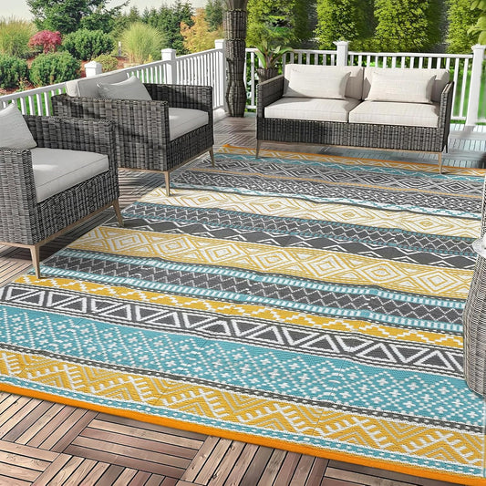 GAOMON Outdoor Rug Waterproof 8'x10', Reversible Outdoor Plastic Straw Rug, Boho Patio Rug, Indoor Outdoor Carpet, RV Mat Outside for Patio, Camp, Picnic, Balcony, Deck, Teal/Yellow(Bohemia)