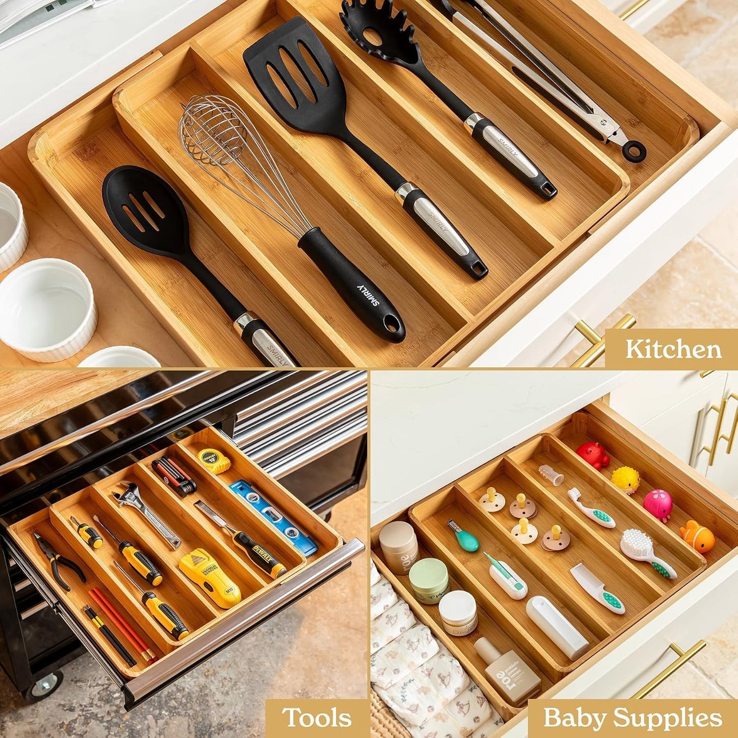 SMIRLY Silverware Drawer Organizer – Bamboo Kitchen Drawer Organizer, Adjustable Utensil Holder and Cutlery Tray, Drawer Dividers for Flatware and Kitchen Utensils