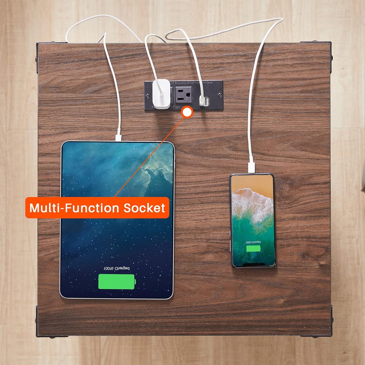 JXQTLINGMU Farmhouse End Table with Charging Station, 18'' Rustic Nightstand with Barn Door & Adjustable Shelf, Wooden Sofa Side Table with 3-Tier Storage for Living Room, Bedroom, Brown