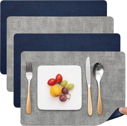 Myir JUN Placemats Dual Sided, Faux Leather Place Mats Set of 4 Indoor Placemat for Dining Table Outdoor Place Mat Manteles Individuales Square Non-Slip Washable Table Mats (Gray Blue, Set of 4)