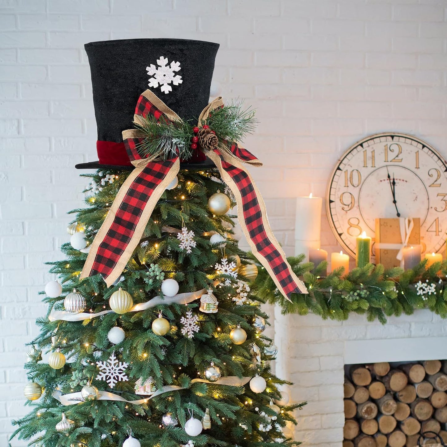 GENMOUS Christmas Hat Tree Topper, Buffalo Plaid Snowflake Christmas Tree Topper Bows with Light, Xmas Tree Top Ornament Home Decorations Ideal Gifts